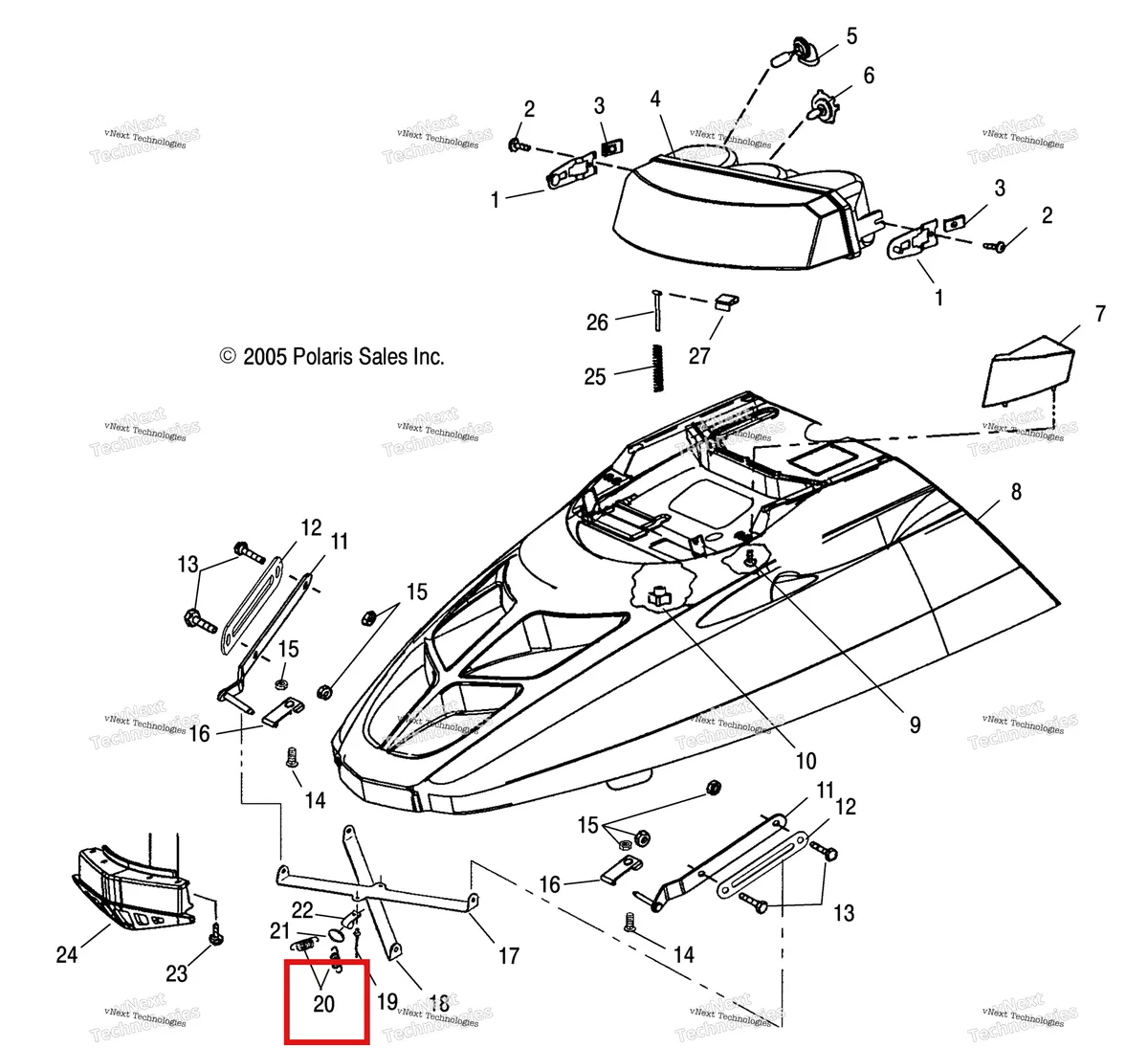 Деталь 7041732 (Пружина EXT Polaris Widetrak LX (2006) (7041732)) на схеме узла Body, Hood Hinge & Brace Asm