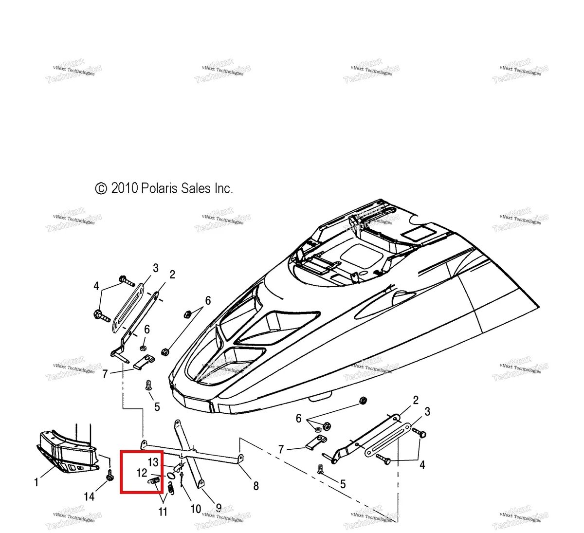 Деталь 7041760 (Пружина крепление кольцо 10 Polaris Widetrak LX (2006) (7041760)) на схеме узла Body, Hood Hinge & Brace Asm. (49Snowhoodmtg11widelx
