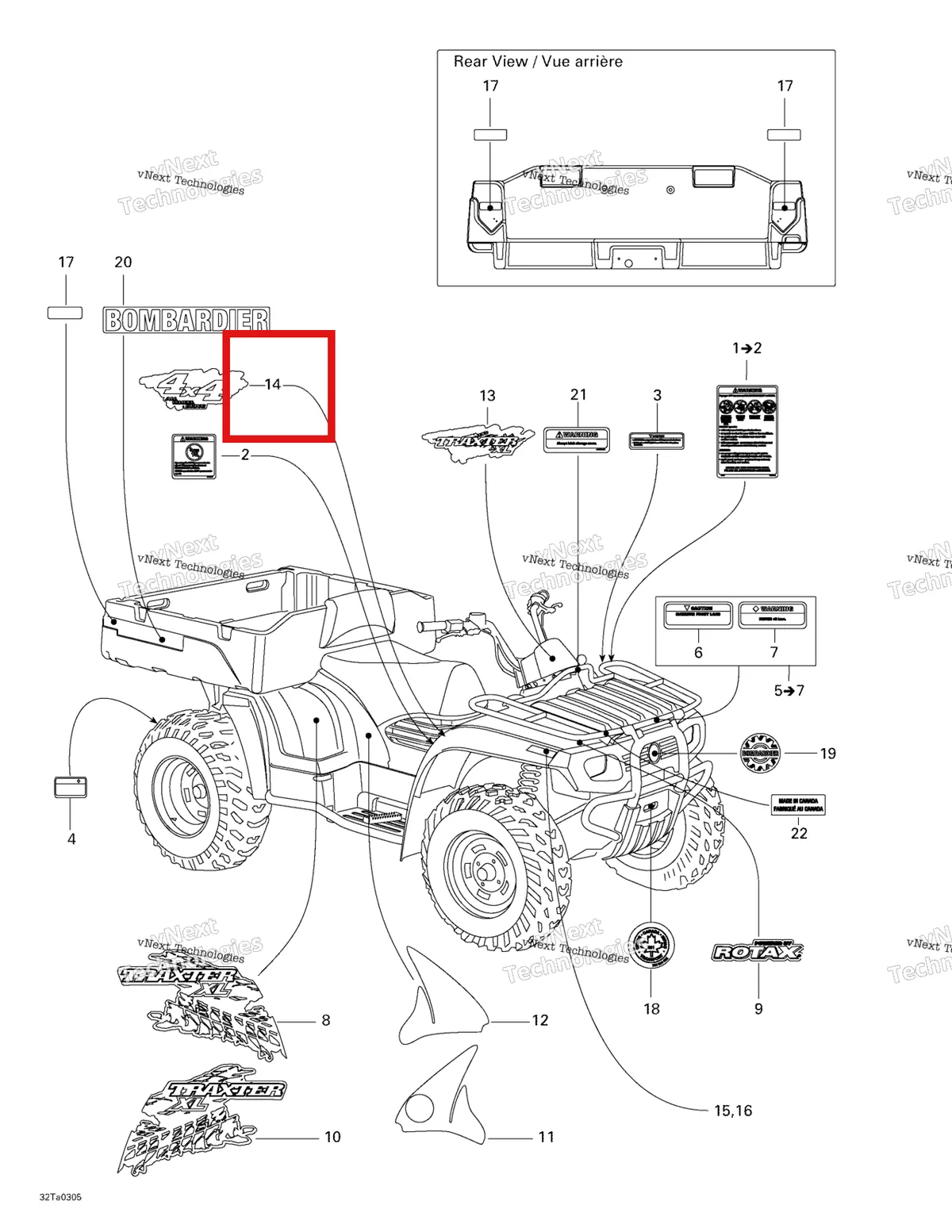 Деталь 704900068 на схеме узла 2003 Can-Am Traxter XL, 7565 Decals