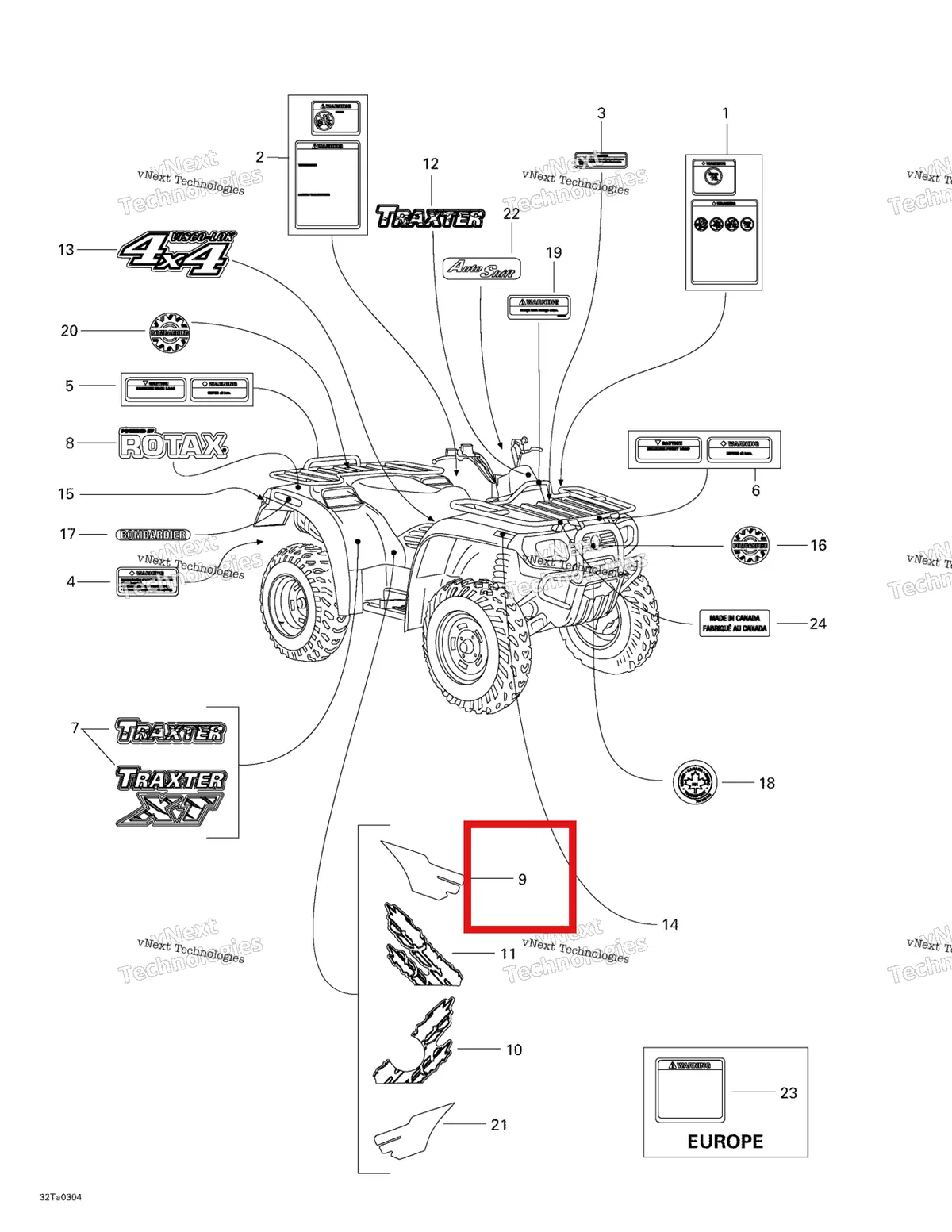 Деталь 704900092 на схеме узла 2003 Can-Am Traxter Autoshift Std Decals