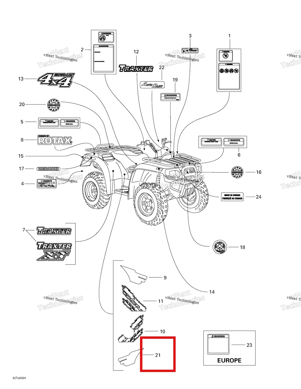 Деталь 704900094 на схеме узла 2003 Can-Am Traxter Autoshift Std Decals