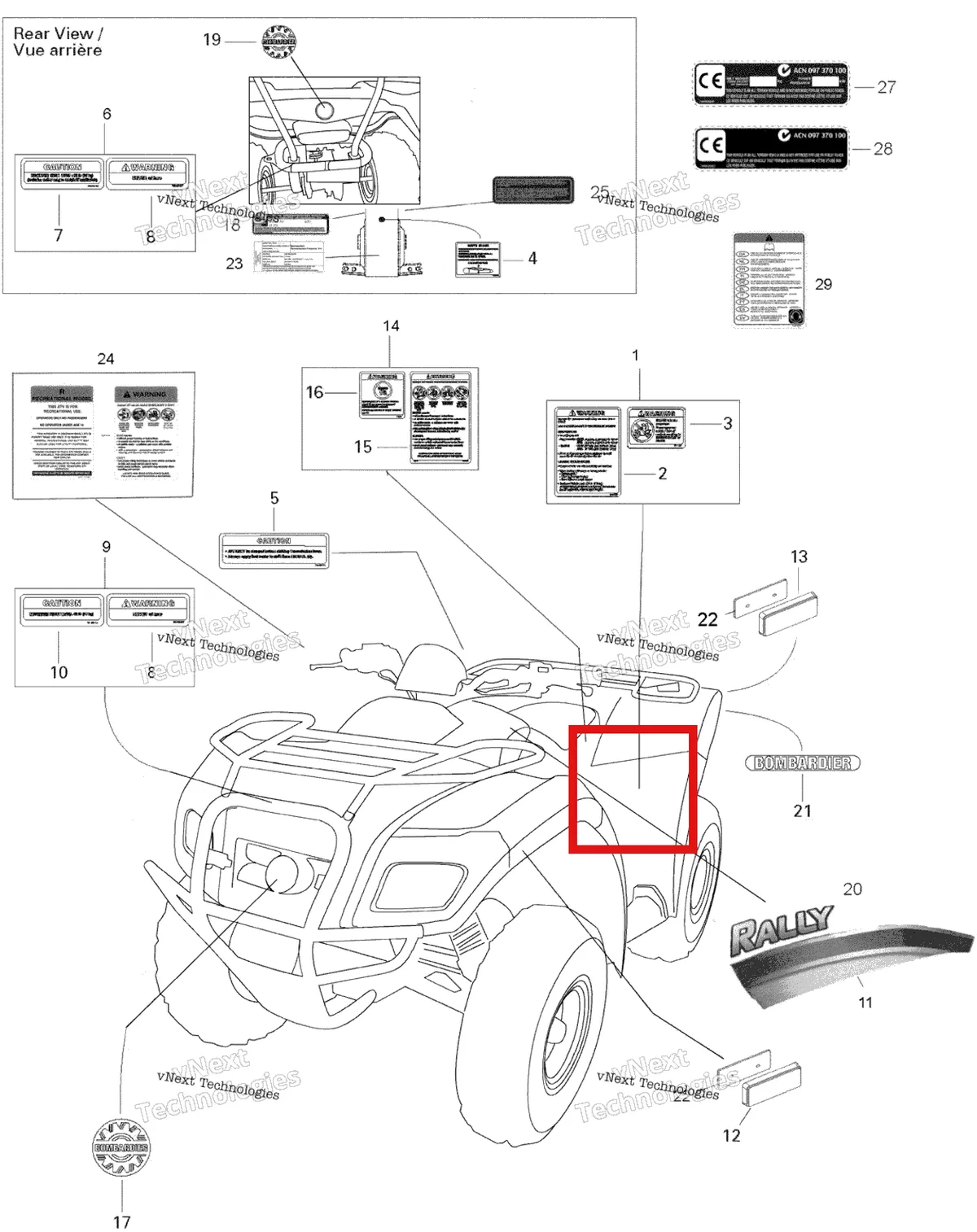 Деталь 704900113 (Предупреждающая наклейка Under 16 Years Old English Version Can-Am Outlander 650 XT (2008) (704900113)) на схеме узла 2006 Can-Am Rally 175 Decals