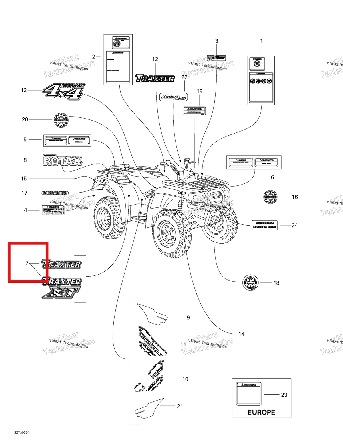Деталь 704900326 на схеме узла 2003 Can-Am Traxter Autoshift Std Decals