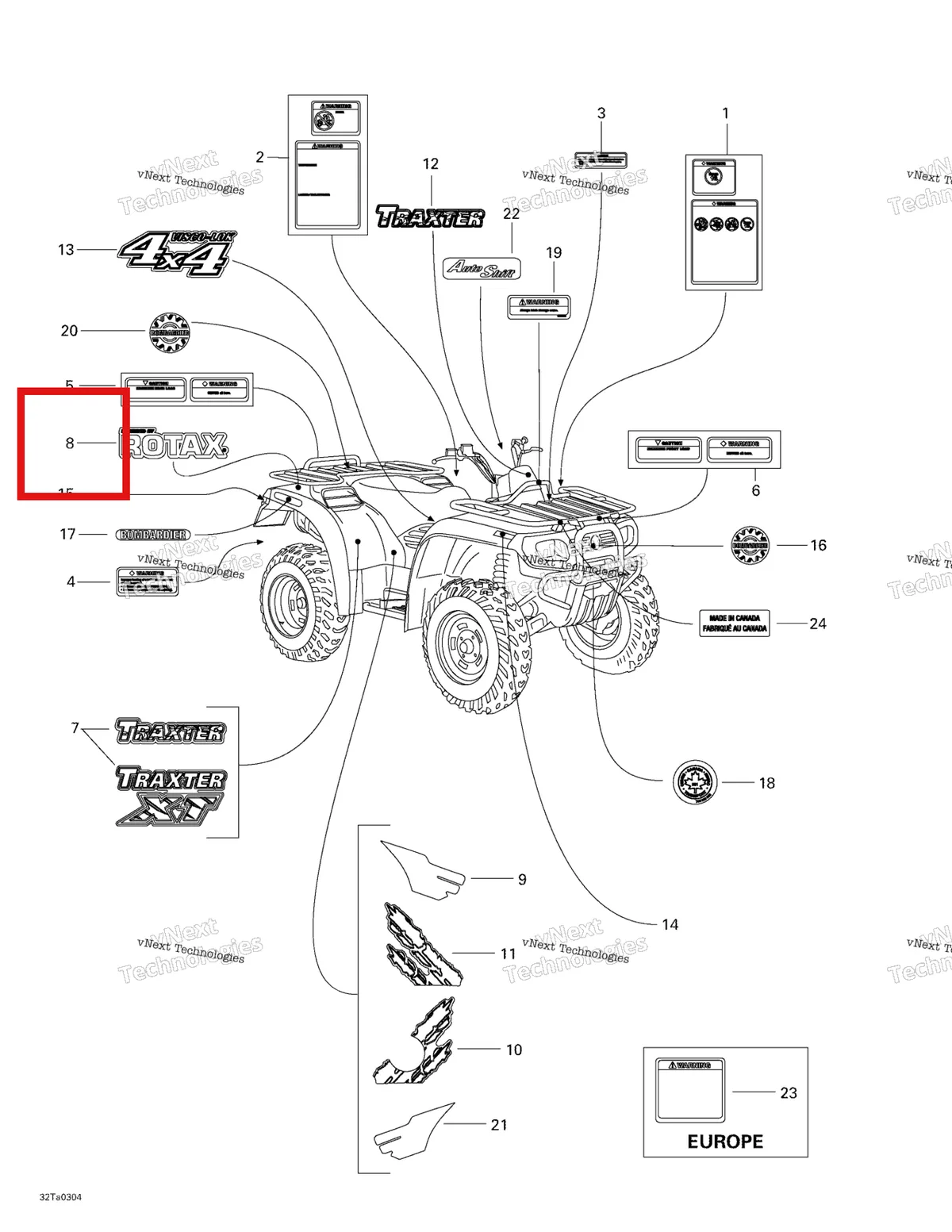Деталь 704900331 на схеме узла 2003 Can-Am Traxter Autoshift Std Decals