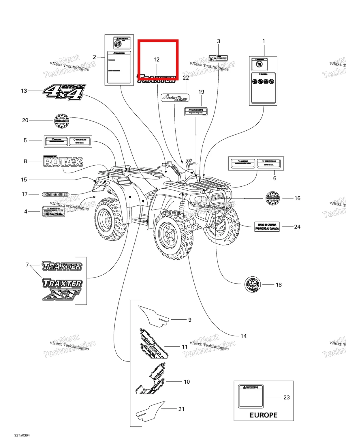 Деталь 704900362 на схеме узла 2003 Can-Am Traxter Autoshift Std Decals