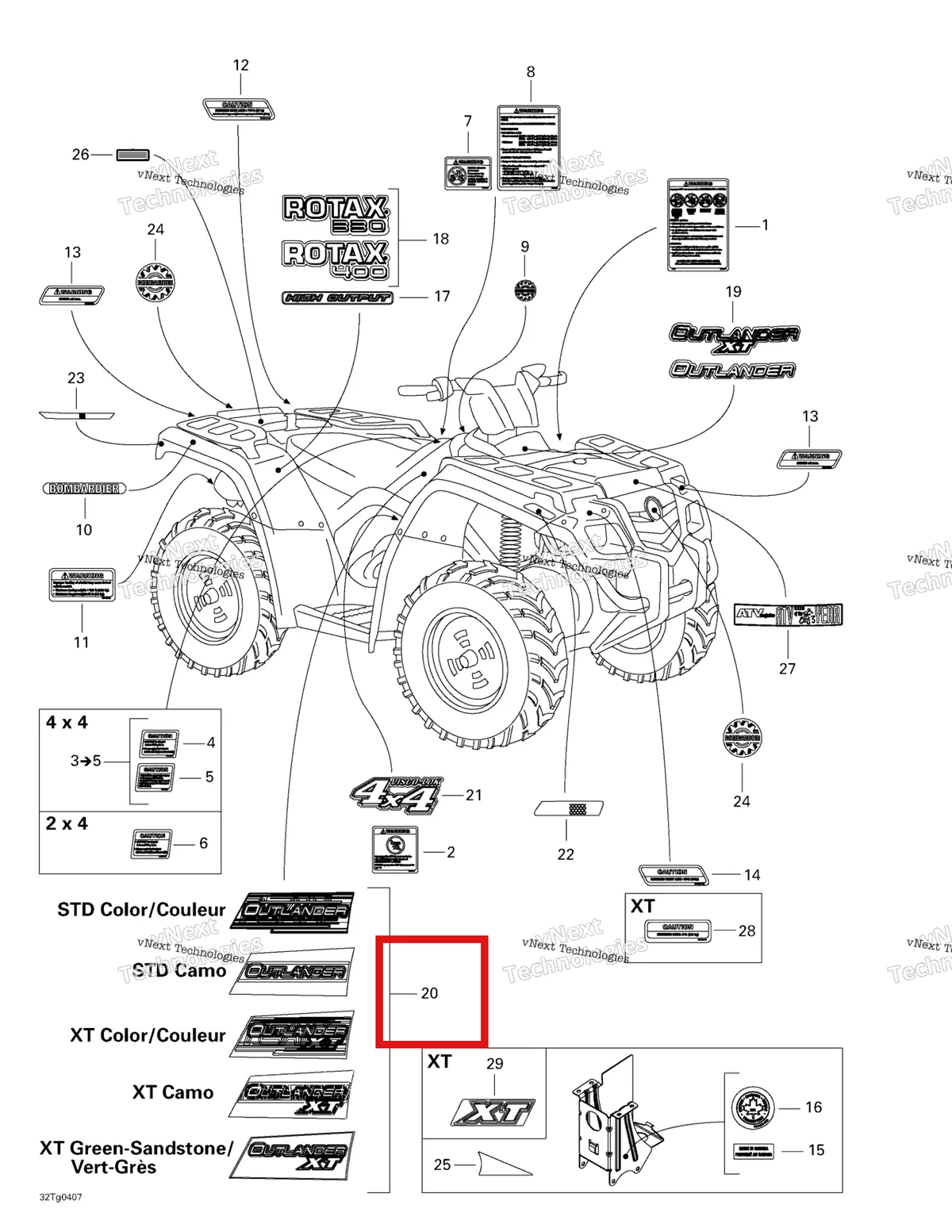 Деталь 704900424 на схеме узла 2004 Can-Am Outlander 330/400 STD 2 X 4 Decals
