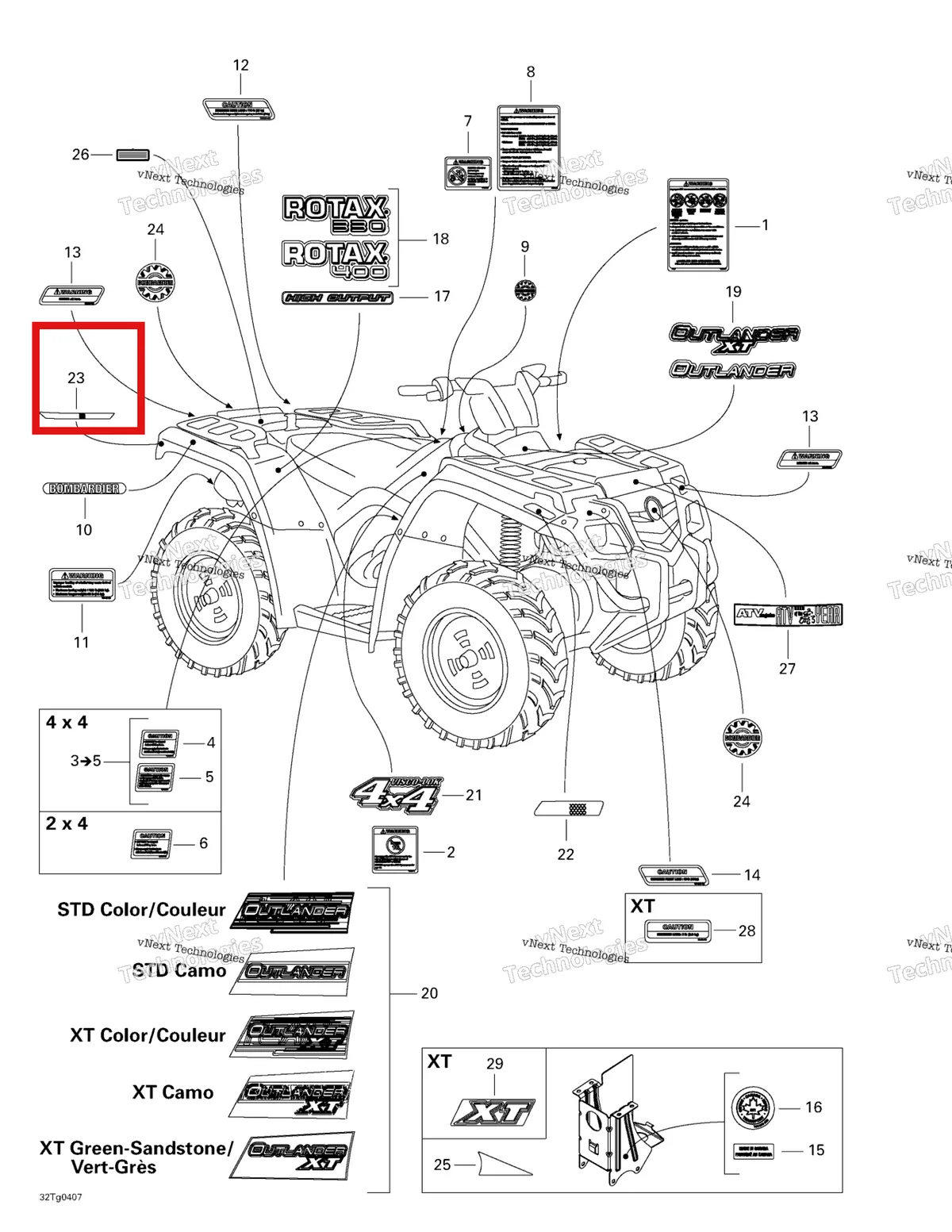 Деталь 704900430 на схеме узла 2004 Can-Am Outlander 330/400 STD 2 X 4 Decals