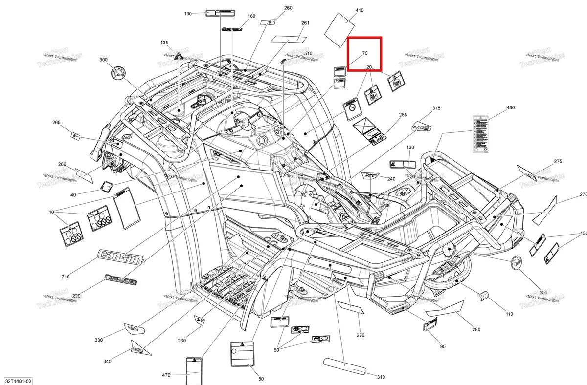 Деталь 704900434 на схеме узла 2014 Can-Am OUTLANDER 400 EFI, STD, XT Decals
