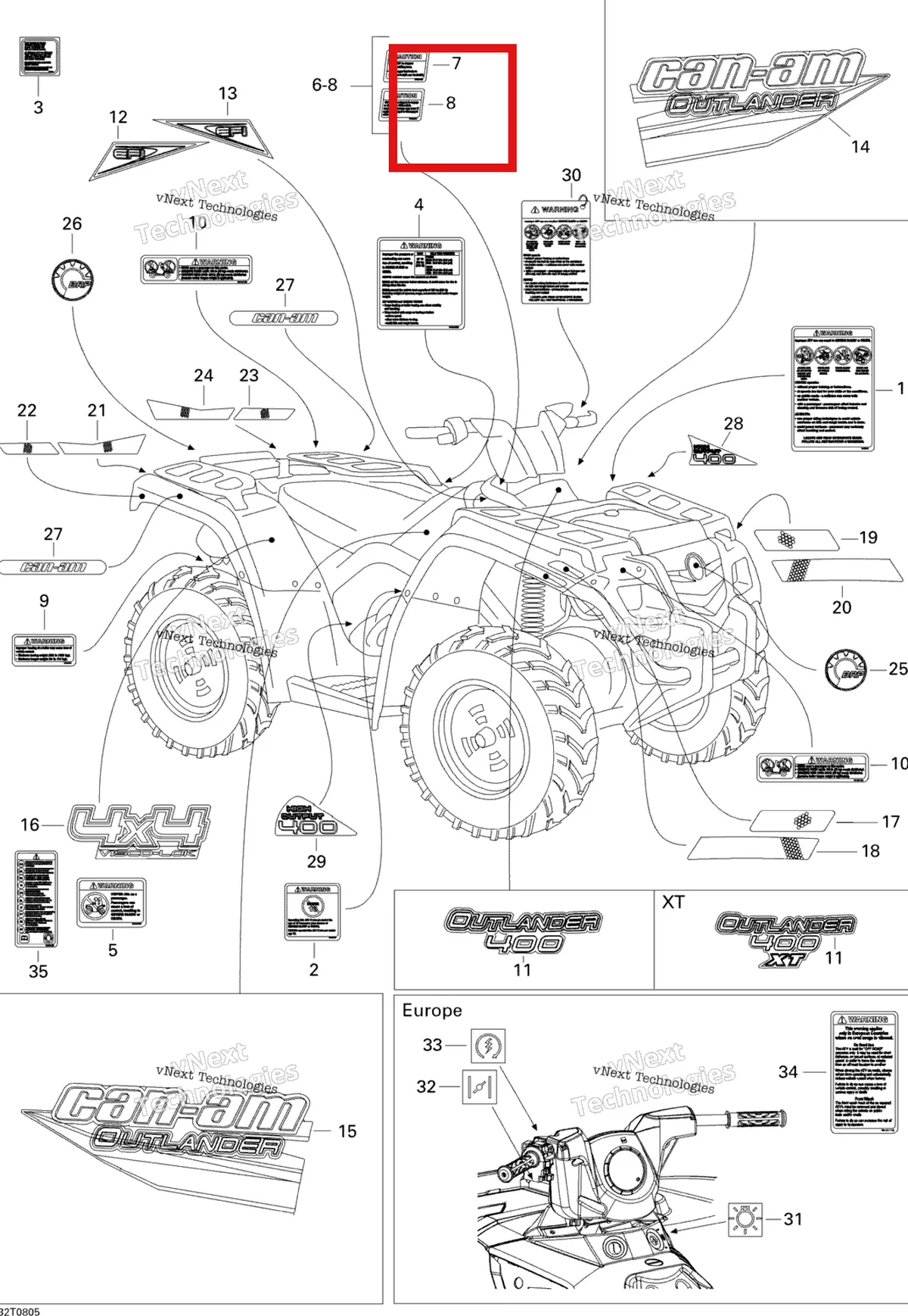 Деталь 704900471 (Caution наклейка 4 wd выключатель English Version Can-Am Outlander MAX 800 XT (2008) (704900471)) на схеме узла 2008 Can-Am Outlander 400 EFI STD Decals