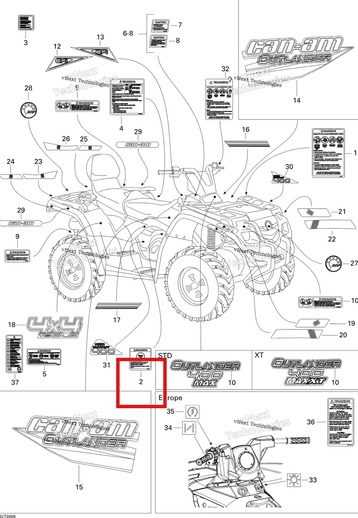Деталь 704900642 (Предупреждающая наклейка Under 16 Years Old English Version Can-Am Outlander MAX 800 XT (2008) (704900642)) на схеме узла 2008 Can-Am Outlander MAX 400 EFI STD Decals