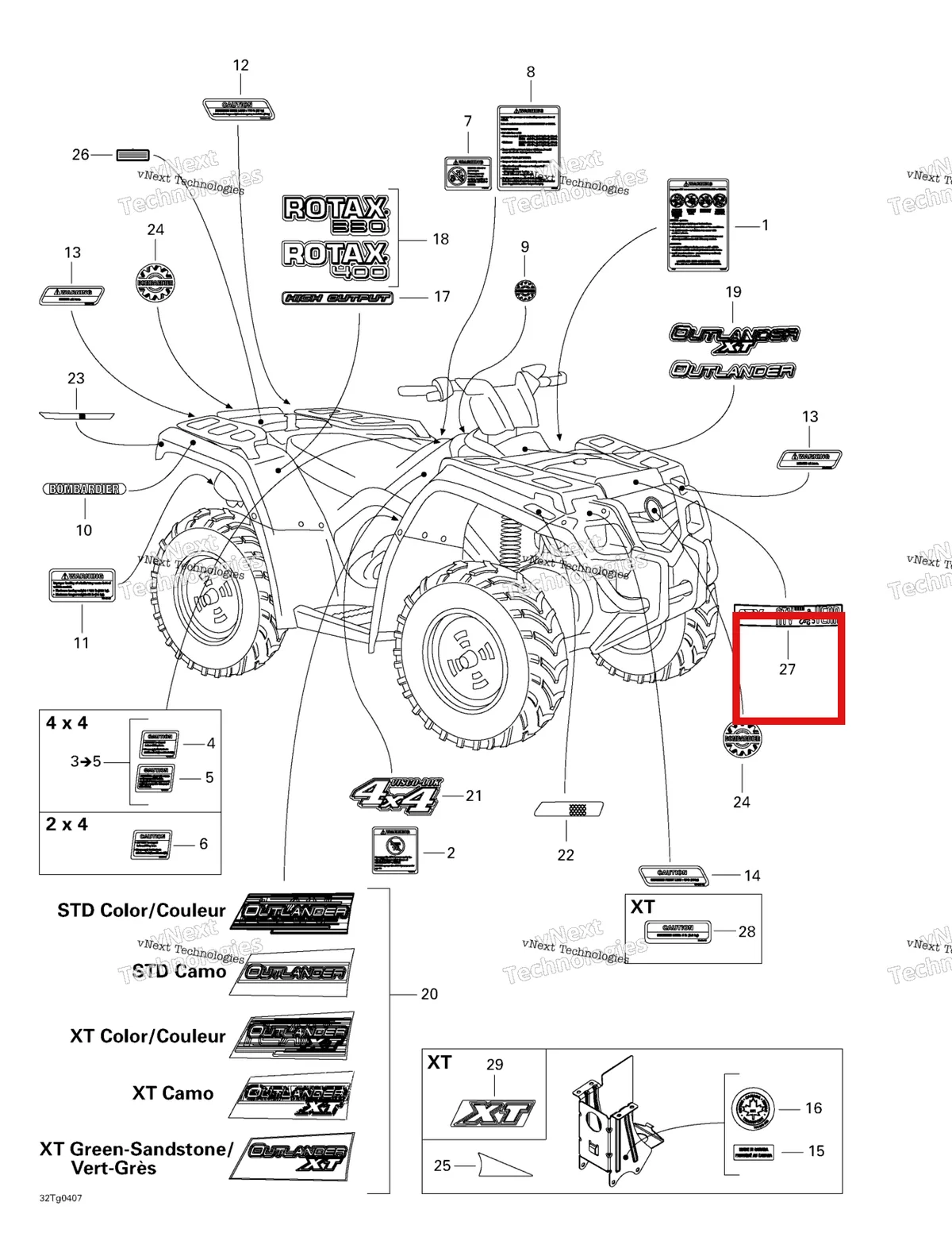 Деталь 704900712 на схеме узла 2004 Can-Am Outlander 330/400 STD 2 X 4 Decals