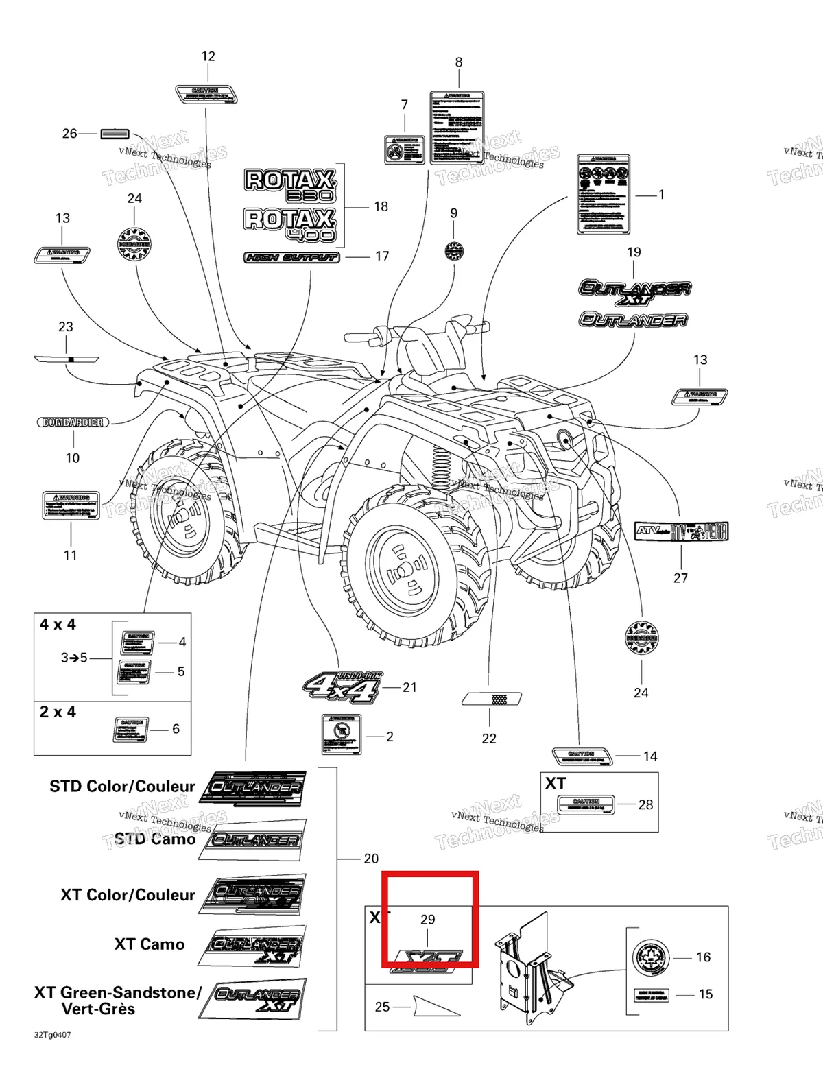 Деталь 704900725 на схеме узла 2004 Can-Am Outlander 330/400 STD 2 X 4 Decals