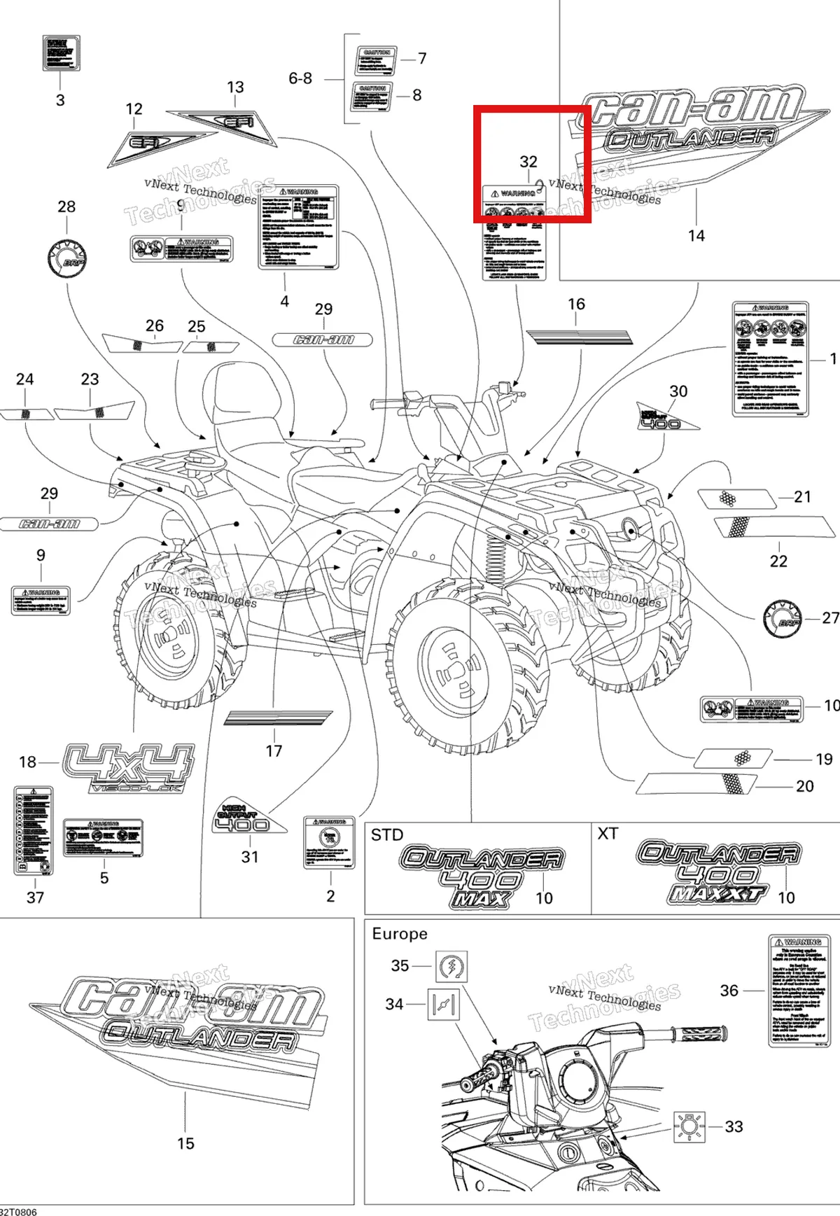 Деталь 704900906 на схеме узла 2008 Can-Am Outlander MAX 400 EFI STD Decals