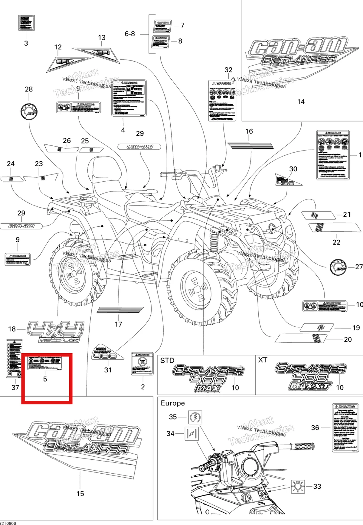 Деталь 704901113 (Предупреждающая наклейка UNDER 12 YEARS OLD English Version Can-Am Outlander MAX 800 XT (2008) (704901113)) на схеме узла 2008 Can-Am Outlander MAX 400 EFI STD Decals