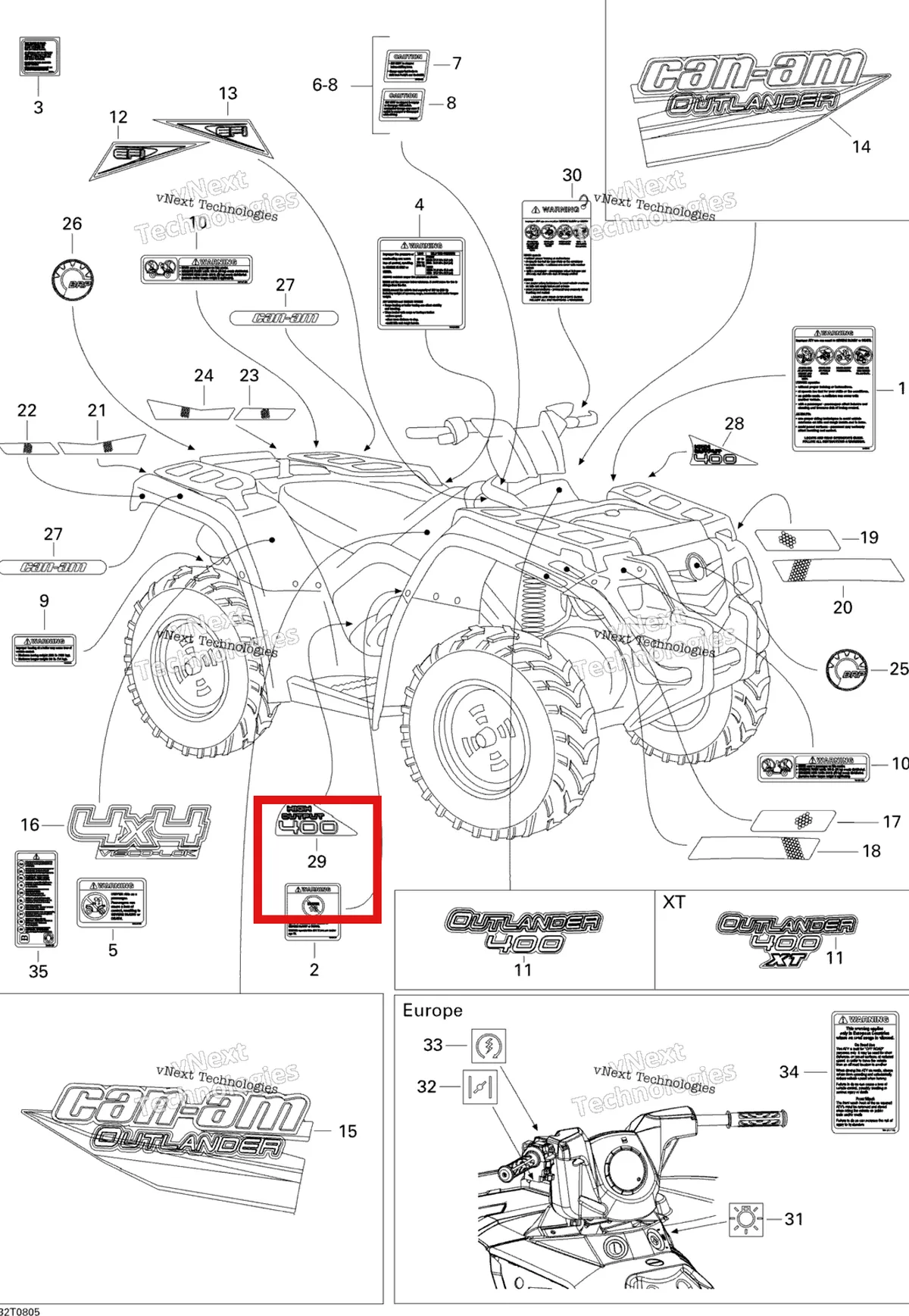 Деталь 704901221 на схеме узла 2008 Can-Am Outlander 400 EFI STD Decals