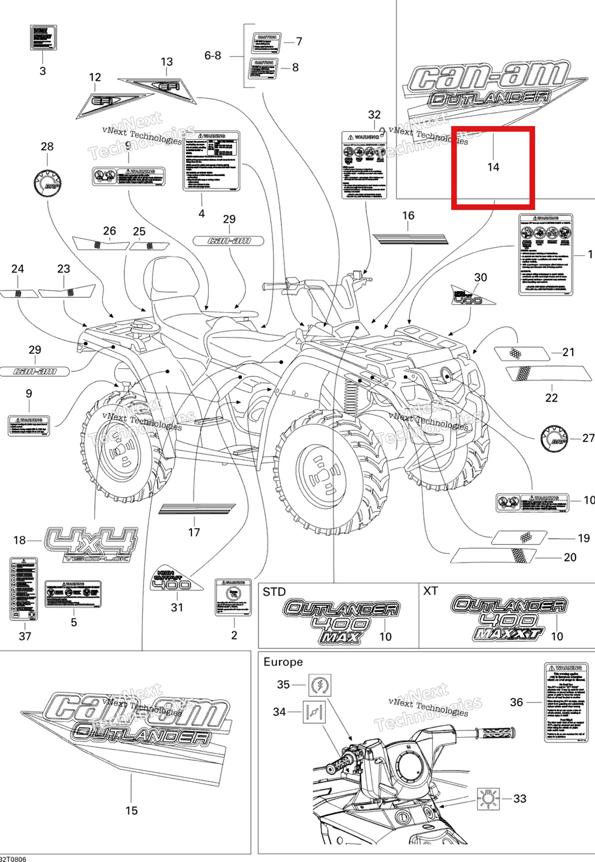 Деталь 704901223 на схеме узла 2008 Can-Am Outlander MAX 400 EFI STD Decals