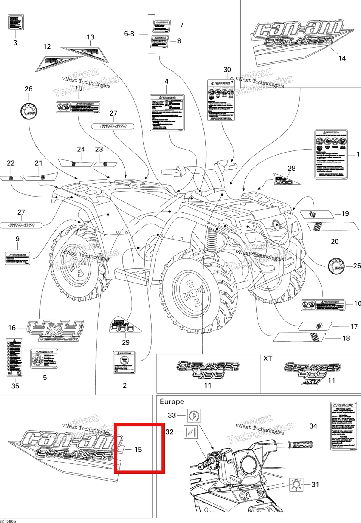 Деталь 704901225 на схеме узла 2008 Can-Am Outlander 400 EFI STD Decals