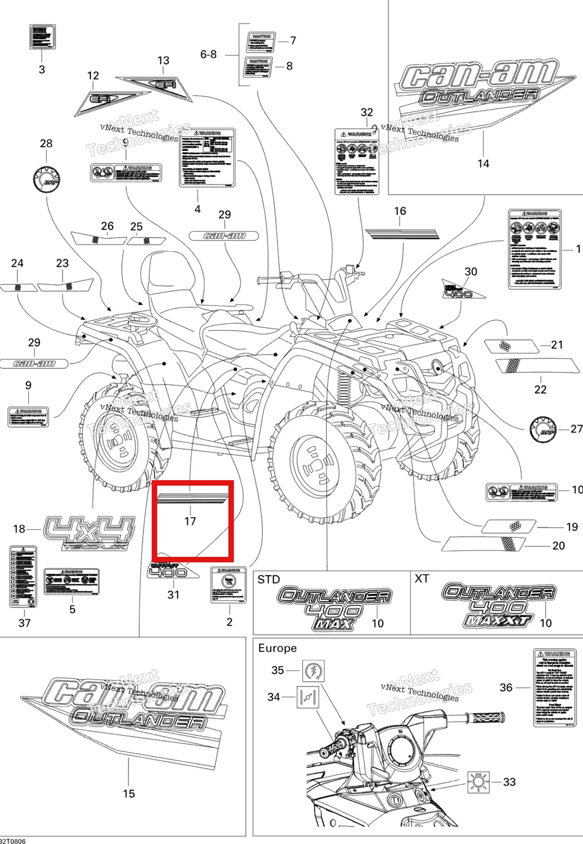 Деталь 704901227 на схеме узла 2008 Can-Am Outlander MAX 400 EFI STD Decals