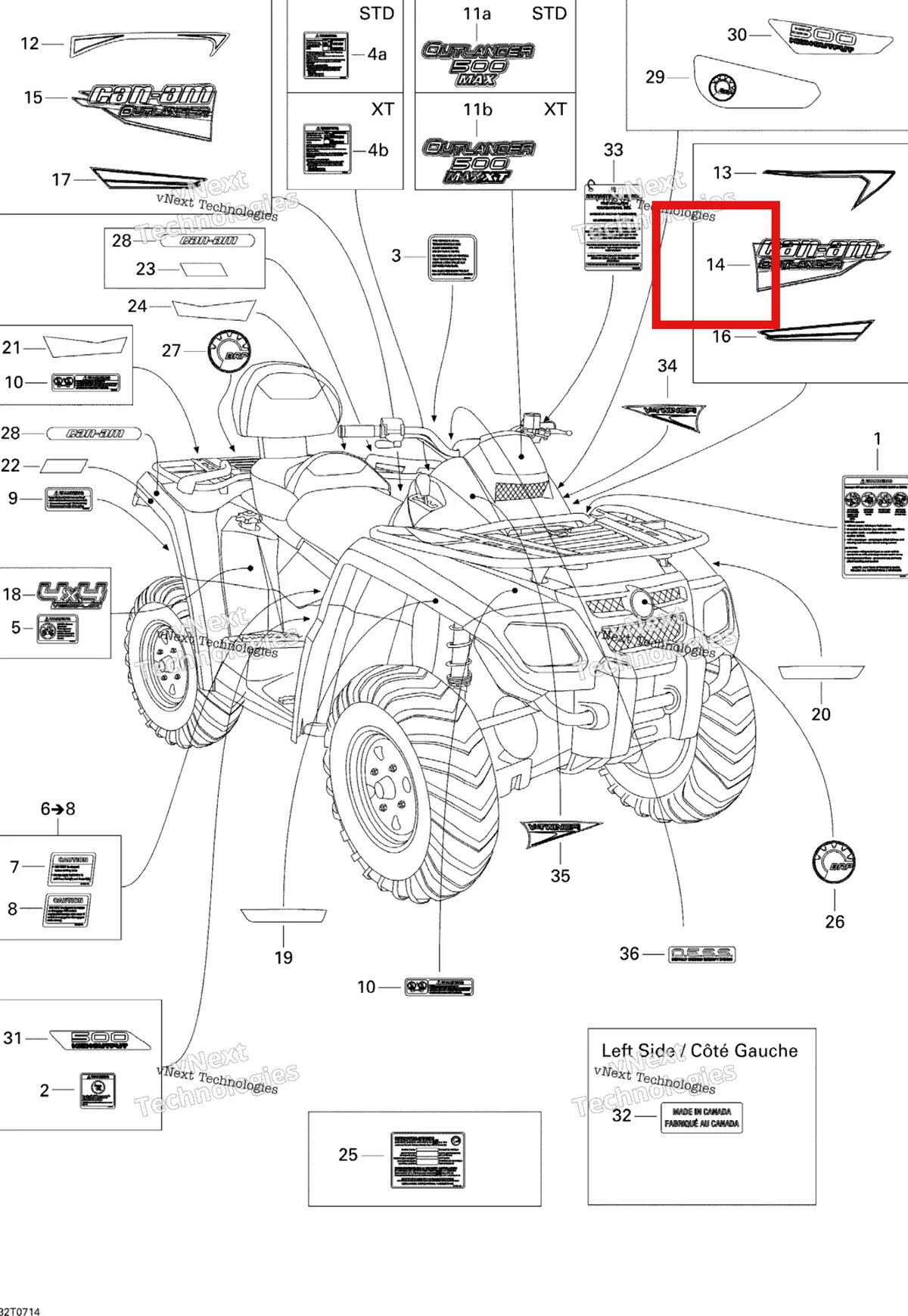 Деталь 704901246 на схеме узла 2007 Can-Am Outlander MAX 500 XT 4 X 4 Decals Xt