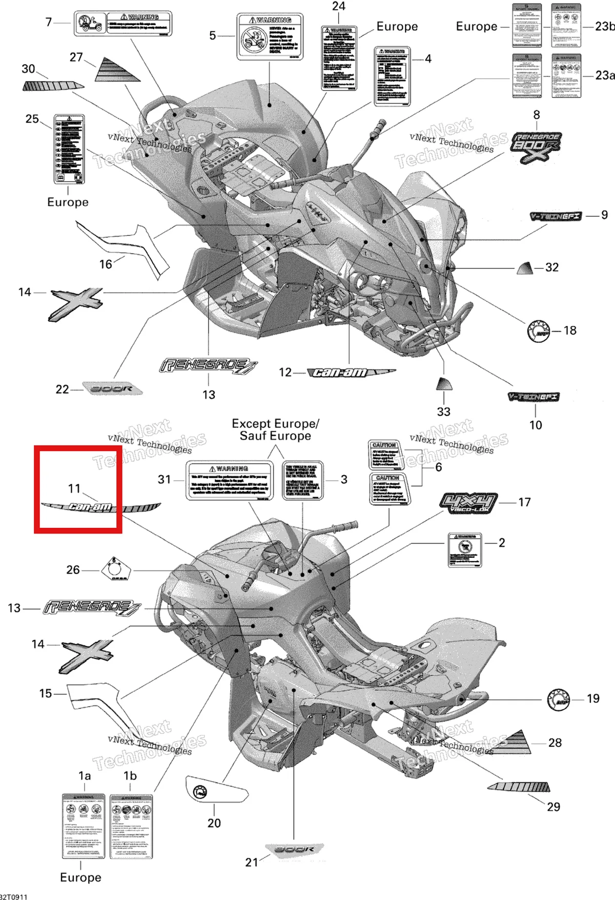 Деталь 704901369 на схеме узла 2009 Can-Am Renegade 800R EFI X Decals