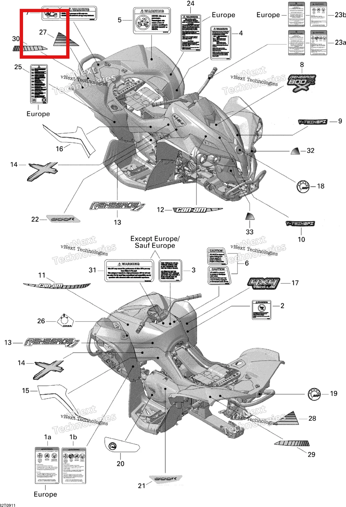 Деталь 704901375 на схеме узла 2009 Can-Am Renegade 800R EFI X Decals