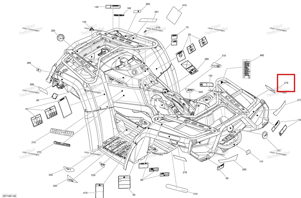 Деталь 704901424 на схеме узла 2014 Can-Am OUTLANDER 400 EFI, STD, XT Decals