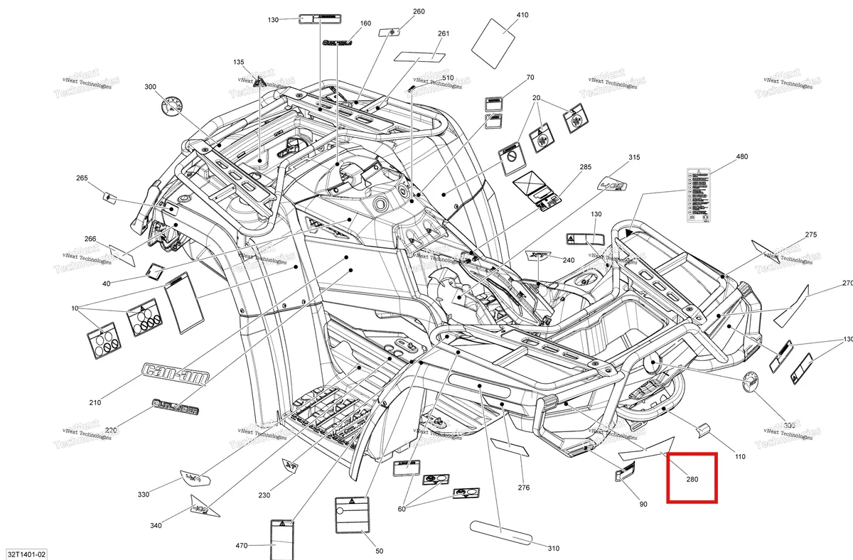 Деталь 704901425 на схеме узла 2014 Can-Am OUTLANDER 400 EFI, STD, XT Decals