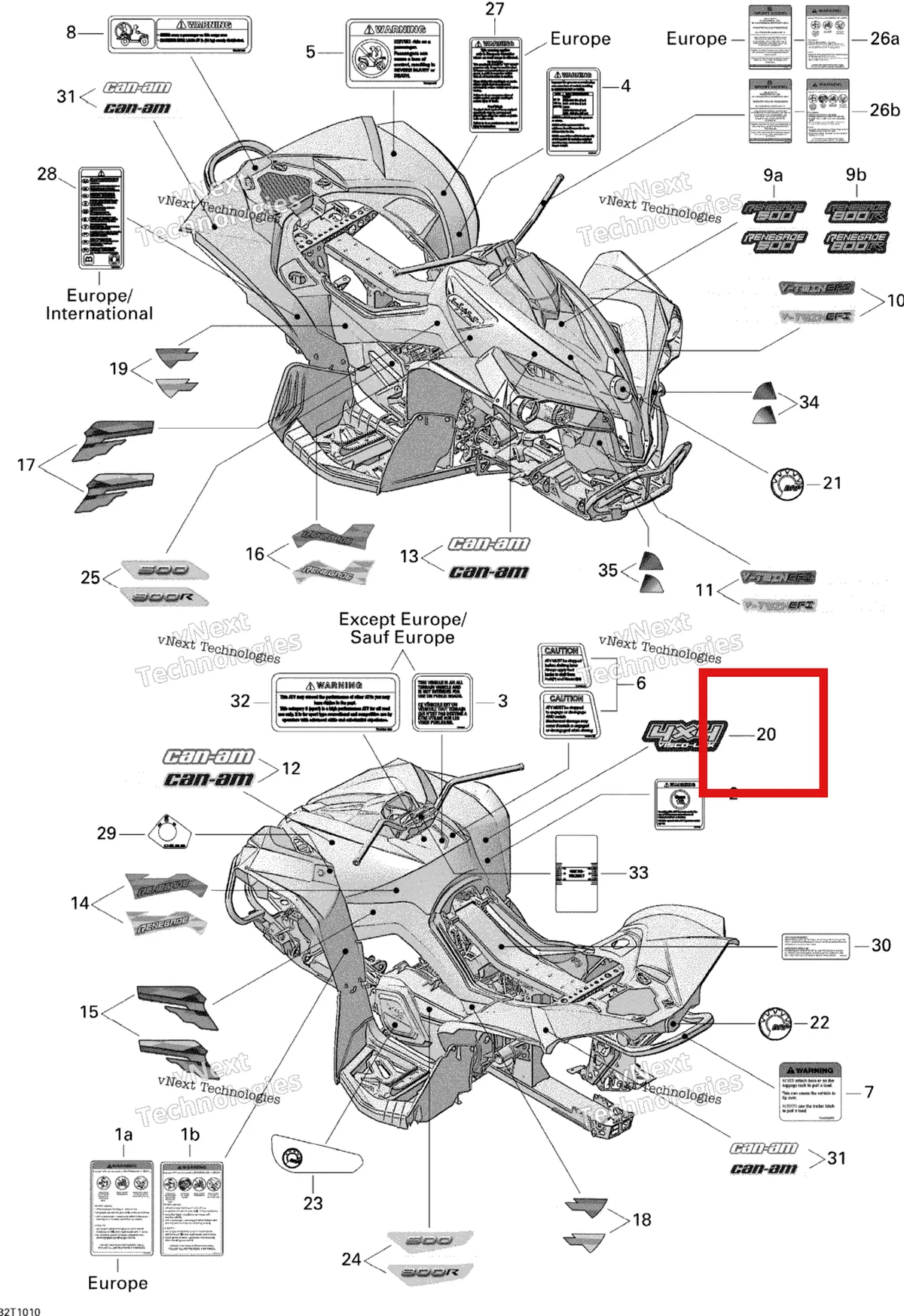 Деталь 704901486 на схеме узла 2010 Can-Am Renegade 800R EFI STD Decals 800R Efi