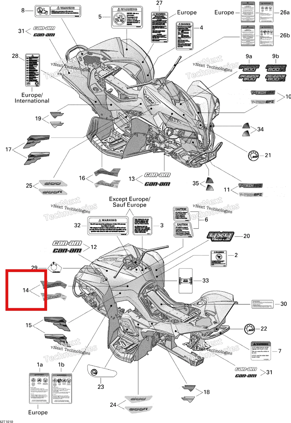 Деталь 704901536 на схеме узла 2010 Can-Am Renegade 800R EFI STD Decals 800R Efi