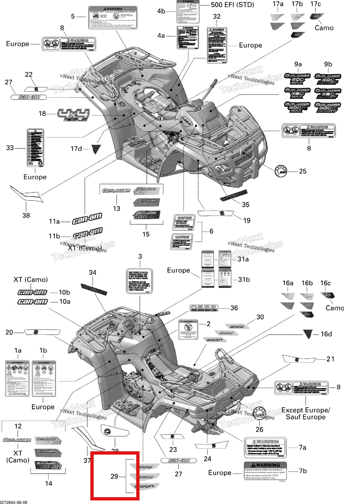 Деталь 704901554 на схеме узла 2009 Can-Am Outlander Max 500 EFI XT Decals Xt