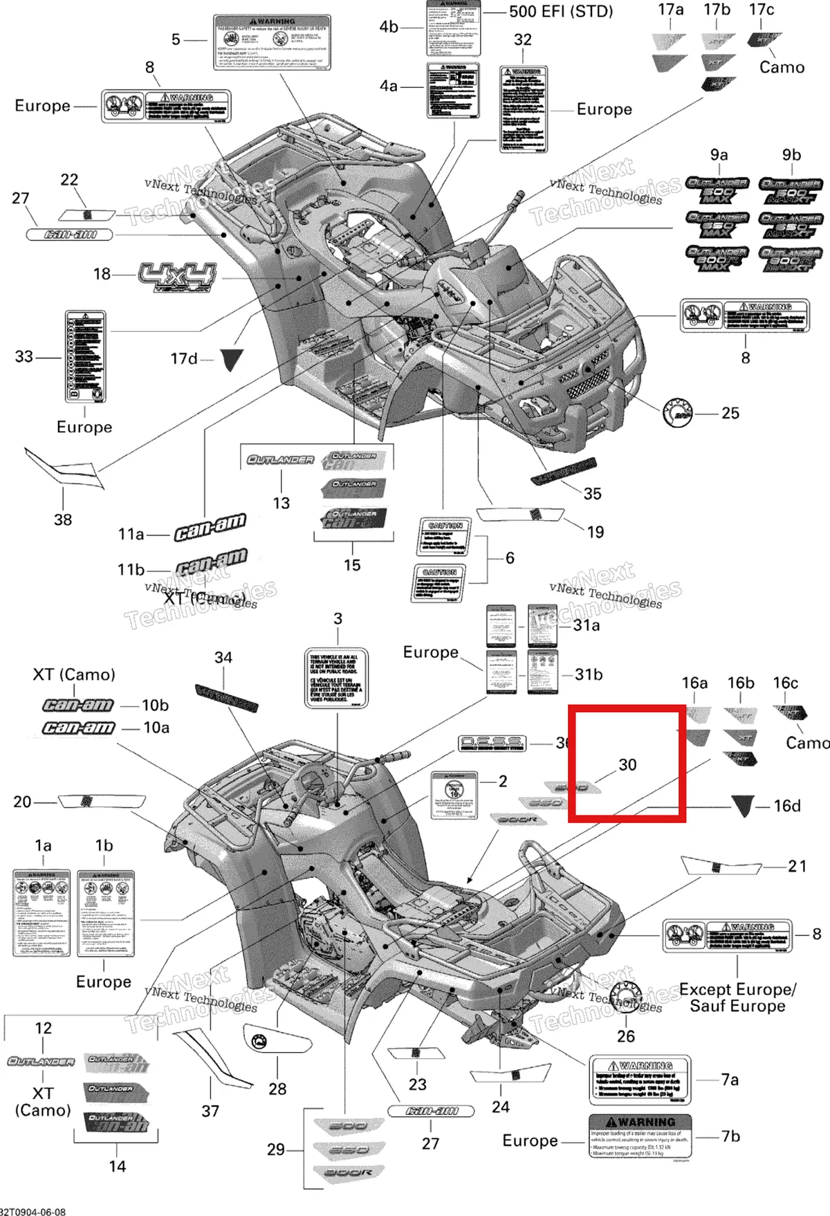 Деталь 704901557 на схеме узла 2009 Can-Am Outlander Max 650 EFI XT Decals Xt