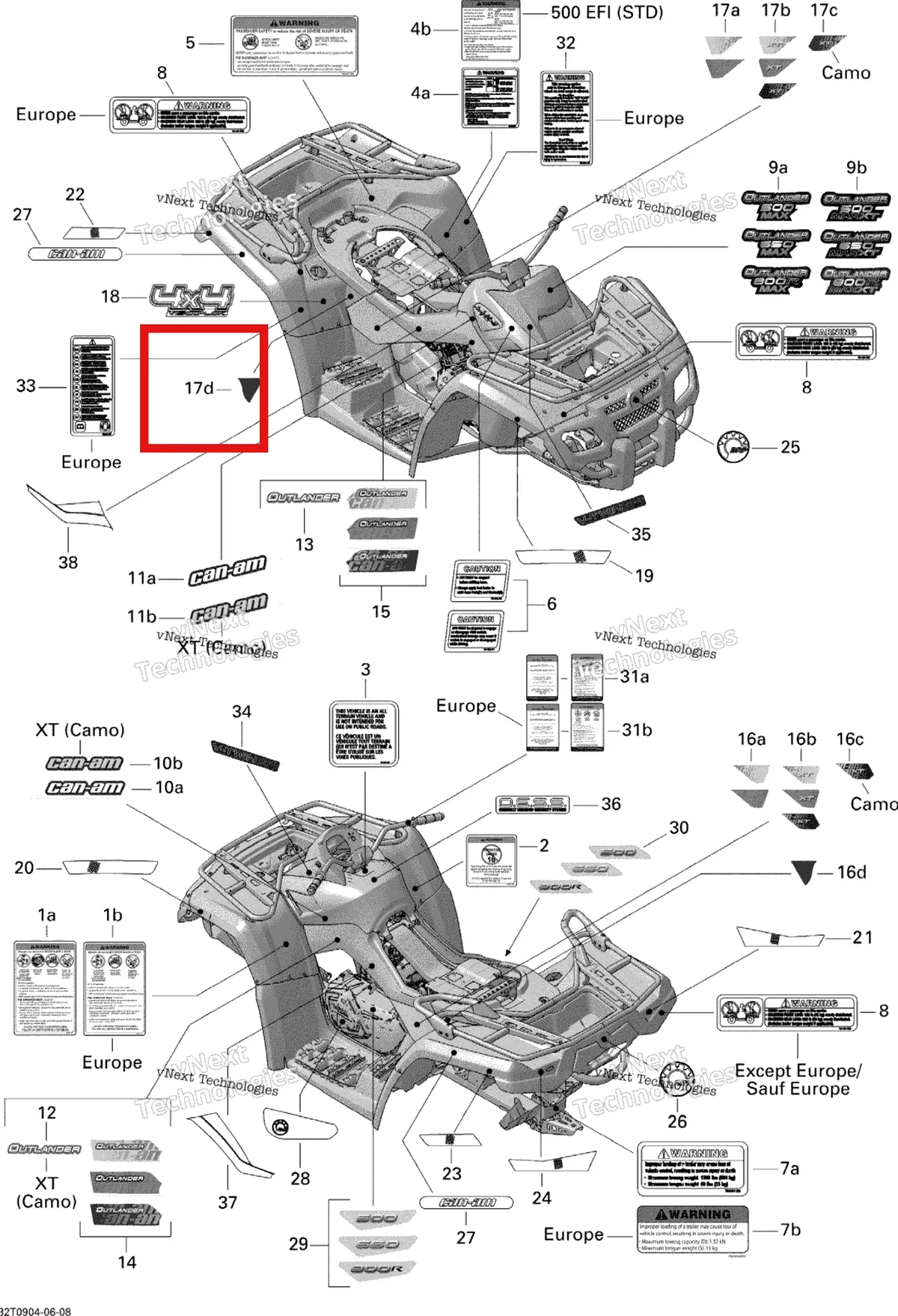 Деталь 704901683 на схеме узла 2009 Can-Am Outlander Max 650 EFI XT Decals Xt
