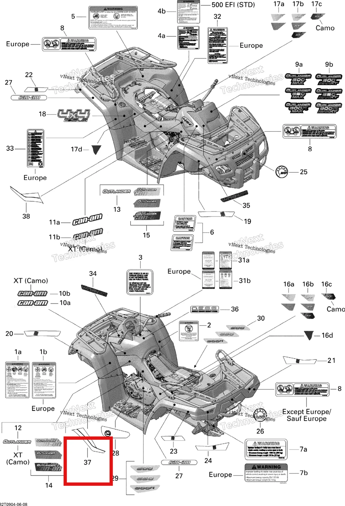 Деталь 704901843 на схеме узла 2009 Can-Am Outlander Max 650 EFI XT Decals Xt