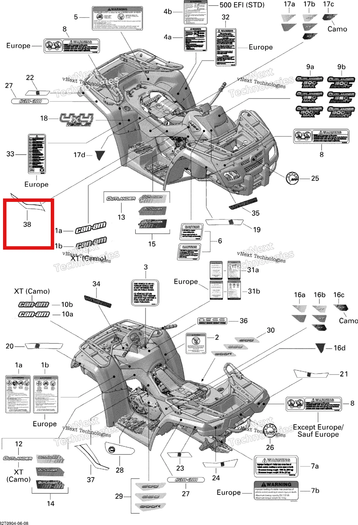 Деталь 704901844 на схеме узла 2009 Can-Am Outlander Max 650 EFI XT Decals Xt