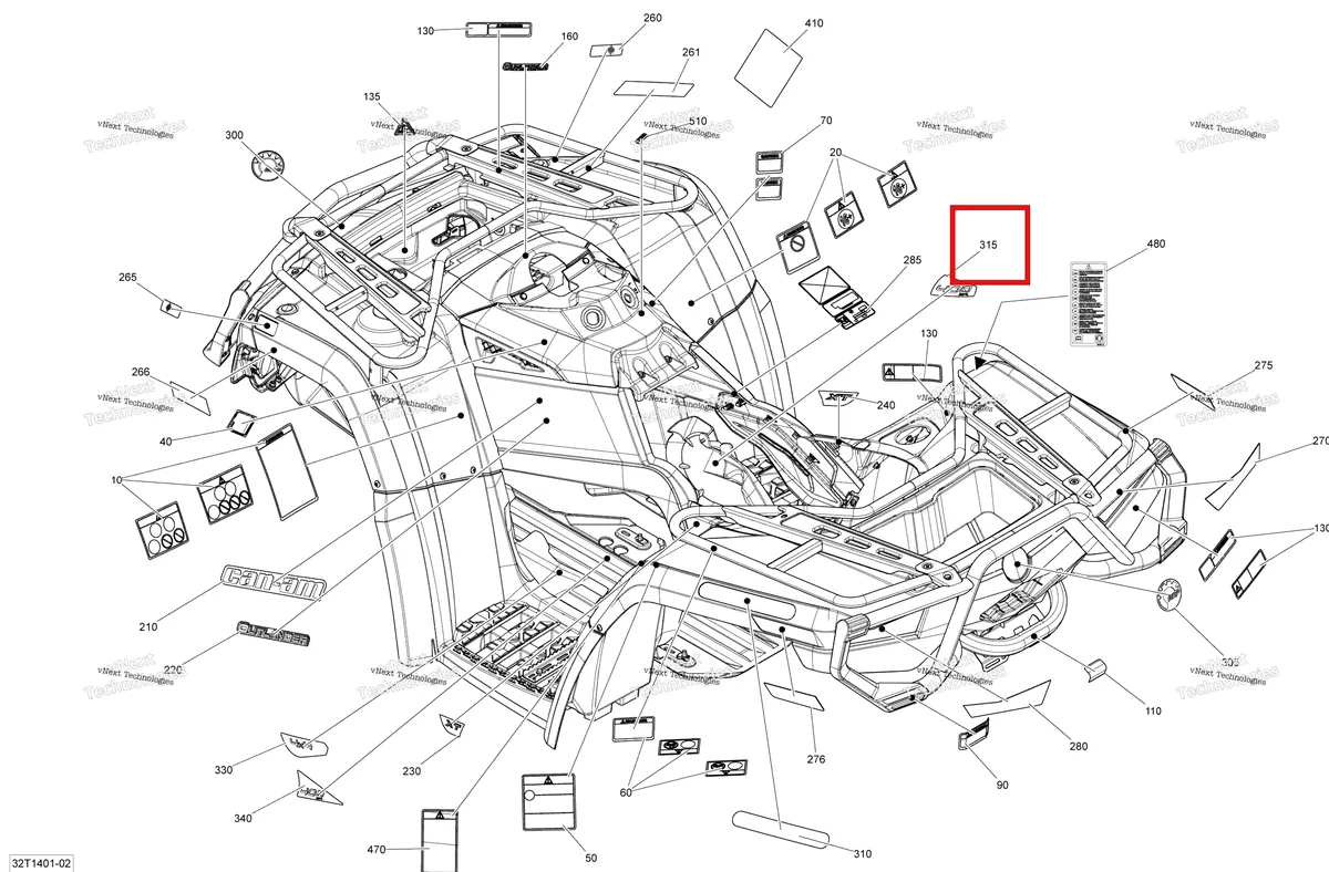 Деталь 704902210 на схеме узла 2014 Can-Am OUTLANDER 400 EFI, STD, XT Decals