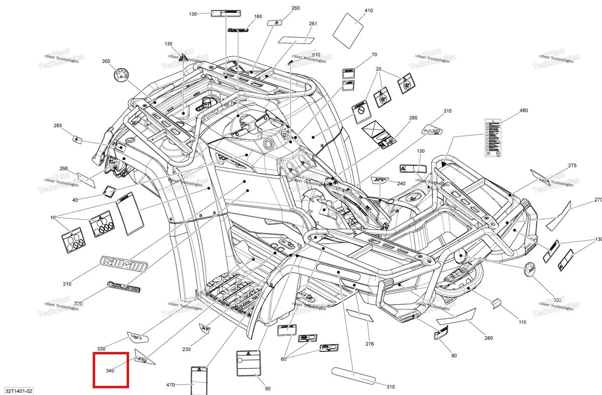 Деталь 704902211 на схеме узла 2014 Can-Am OUTLANDER 400 EFI, STD, XT Decals