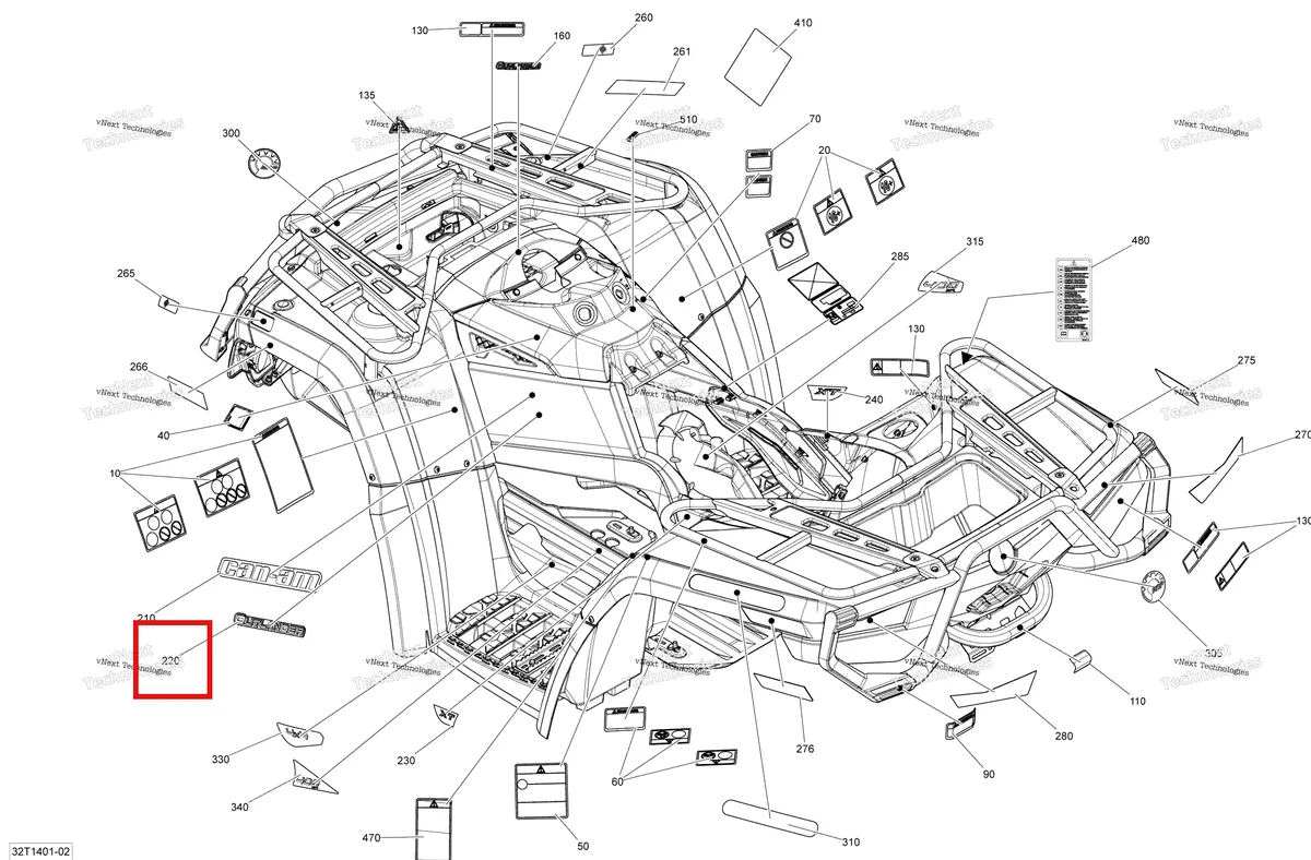 Деталь 704902220 на схеме узла 2014 Can-Am OUTLANDER 400 EFI, STD, XT Decals