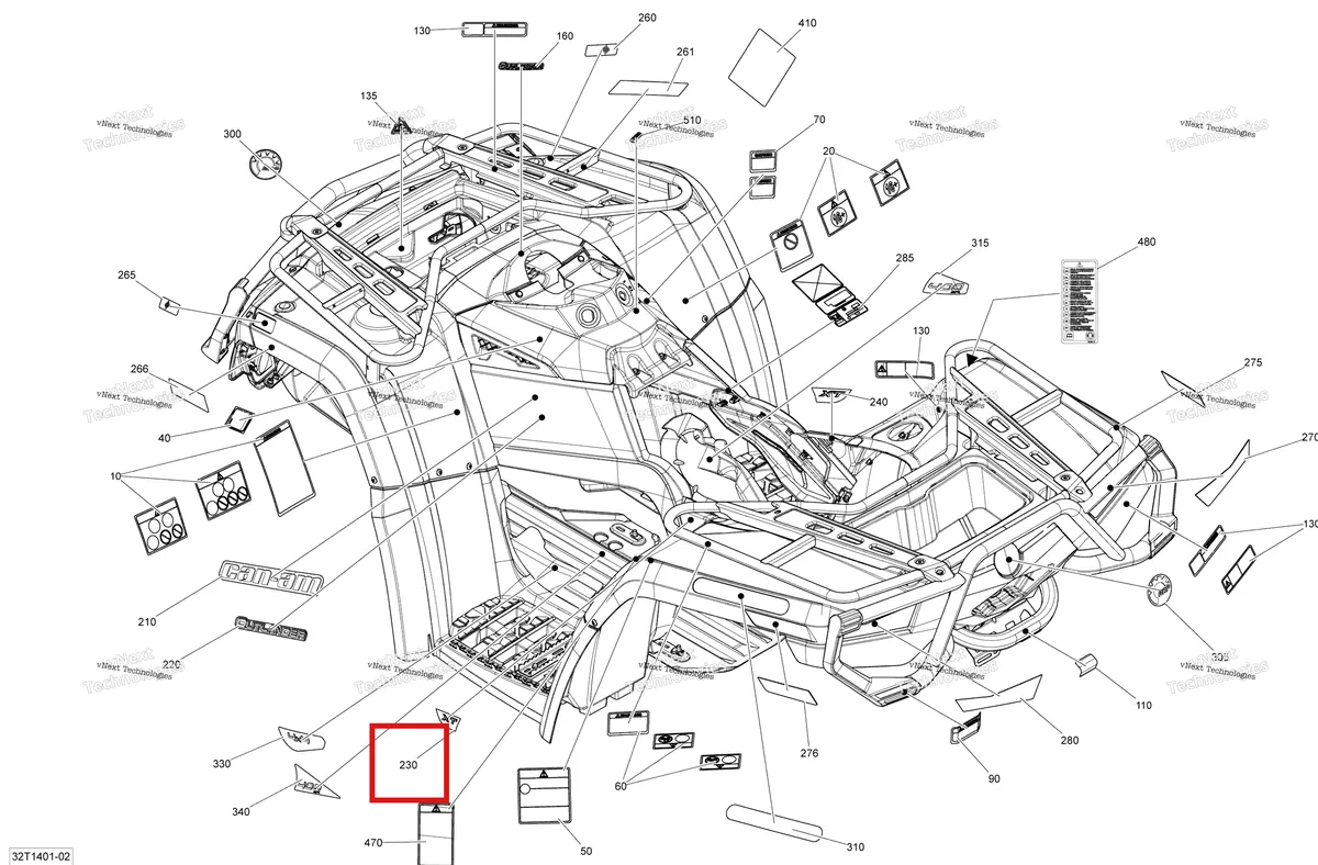 Деталь 704902224 на схеме узла 2014 Can-Am OUTLANDER 400 EFI, STD, XT Decals