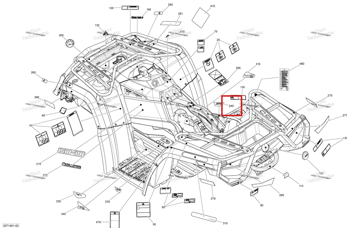 Деталь 704902225 на схеме узла 2014 Can-Am OUTLANDER 400 EFI, STD, XT Decals