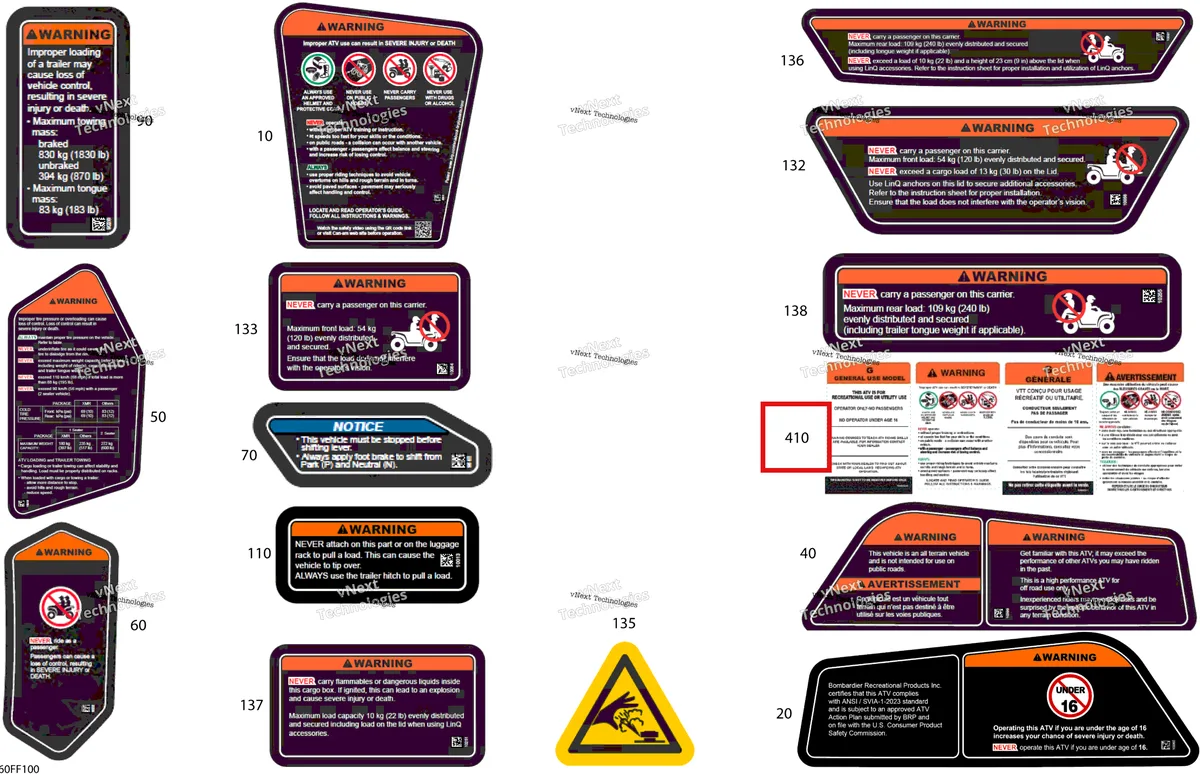 Деталь 704903310 на схеме узла 2026 Can-Am OUTLANDER - 4X4 - STD - 700 - 1CTC - Legion Red Body - Warning Decals