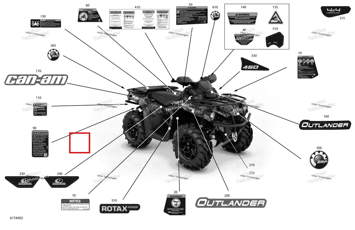 Деталь 704905727 на схеме узла 2021 Can-Am Outlander 450 EFI - STD DPS Mossy Oak Edition Body - Decals - Std