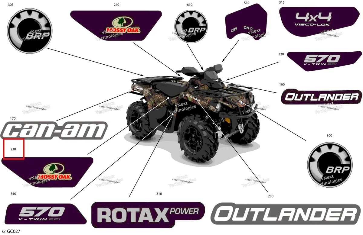 Деталь 704905740 на схеме узла 2023 Can-Am Outlander 570 EFI - Mossy Oak Edition Body - Decals