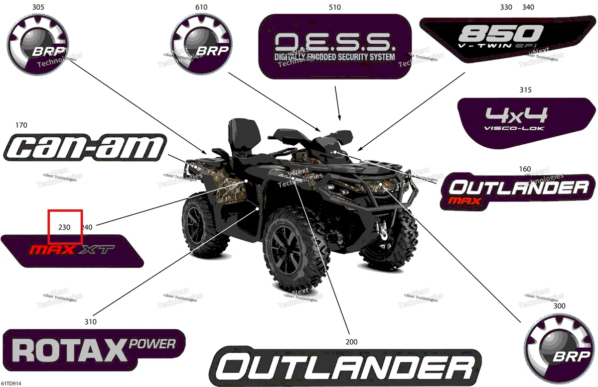Деталь 704905973 на схеме узла 2024 Can-Am Outlander MAX 850 EFI 4X4 - 2LRB - XT Package - Wildland Camo Body - Feature Decals