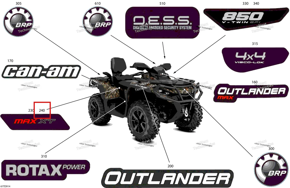 Деталь 704905974 на схеме узла 2024 Can-Am Outlander MAX 850 EFI 4X4 - 2LRB - XT Package - Wildland Camo Body - Feature Decals