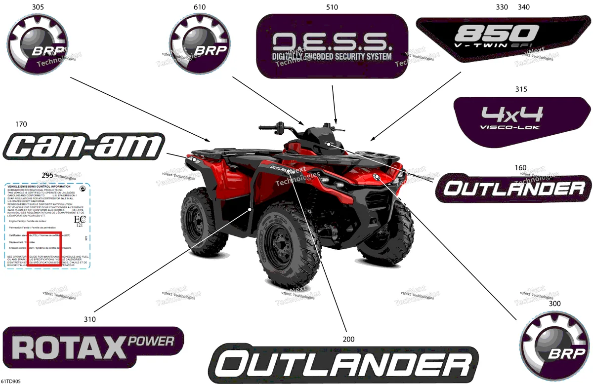 Деталь 704907486 на схеме узла 2024 Can-Am Outlander 850 EFI 4X4 - 2HRA - STD Package - Viper Red Body - Feature Decals