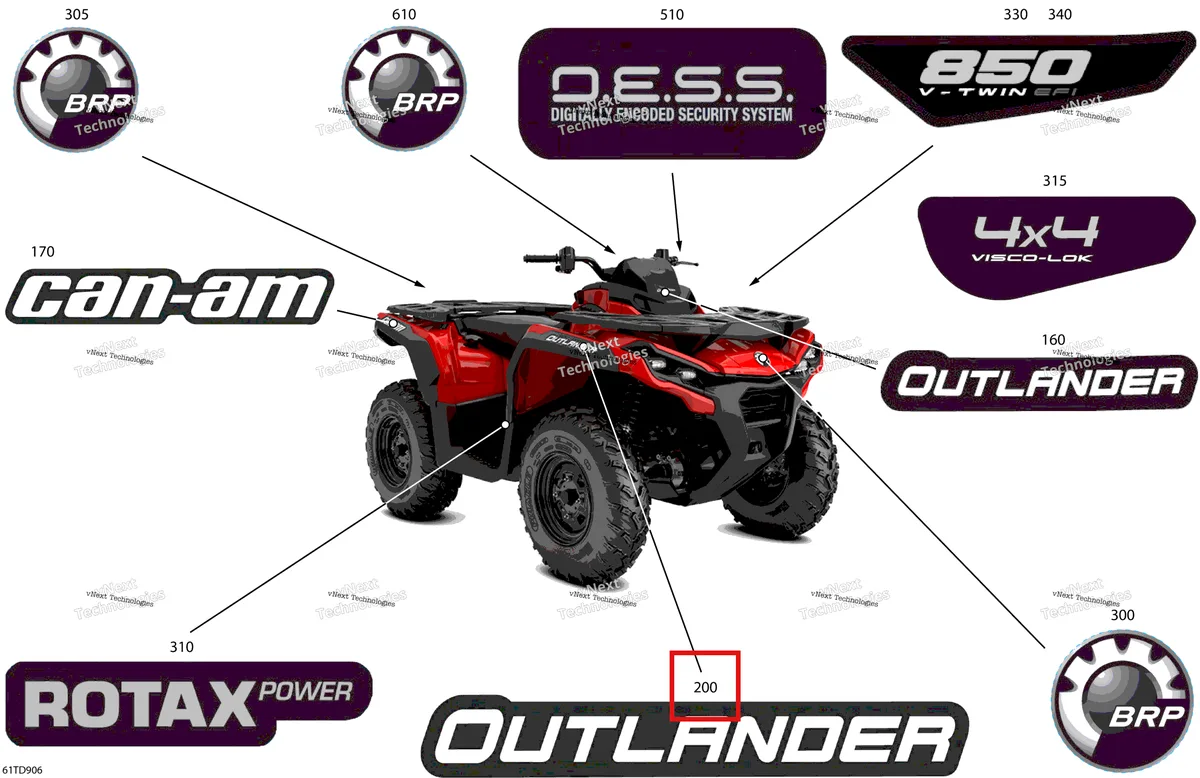 Деталь 704908381 на схеме узла 2024 Can-Am Outlander 850 EFI 4X4 - 2HRB - STD Package - Viper Red Body - Feature Decals