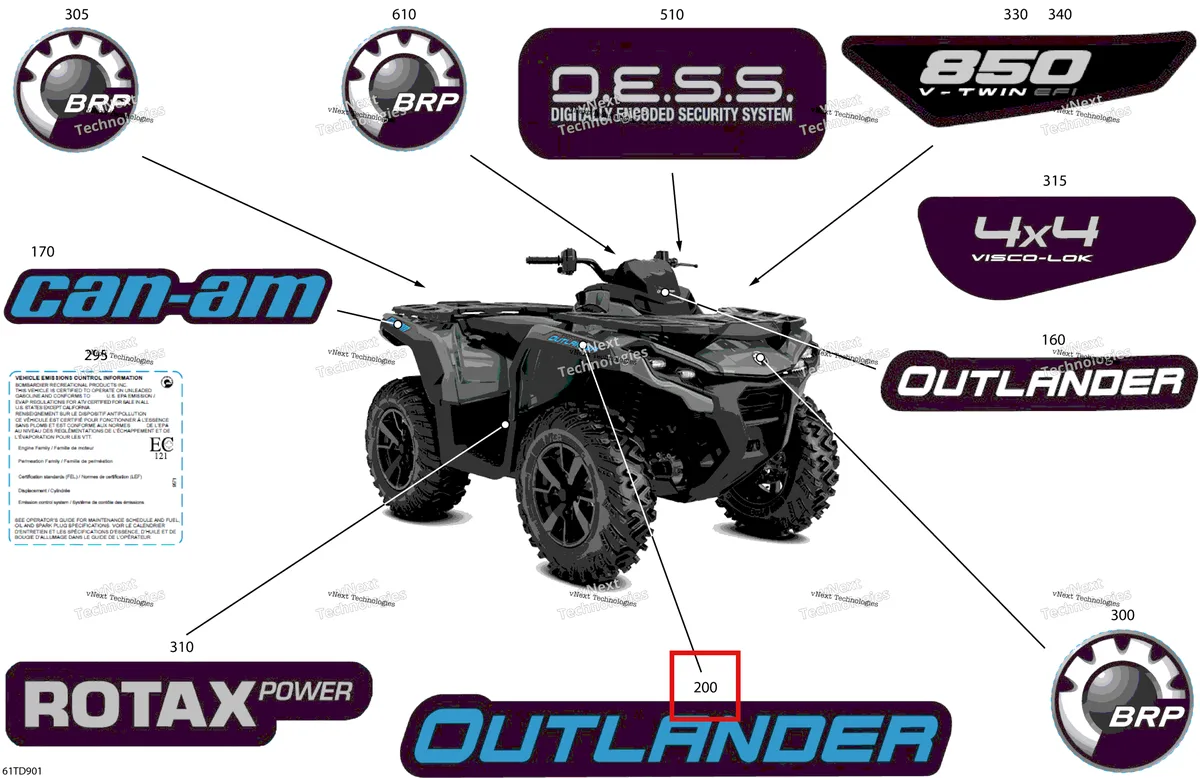 Деталь 704908390 на схеме узла 2024 Can-Am Outlander 850 EFI 4X4 - 2ARA - DPS Package - Granite Grey Body - Feature Decals