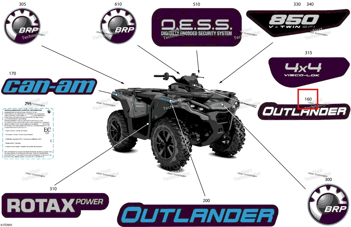 Деталь 704908391 на схеме узла 2024 Can-Am Outlander 850 EFI 4X4 - 2ARA - DPS Package - Granite Grey Body - Feature Decals