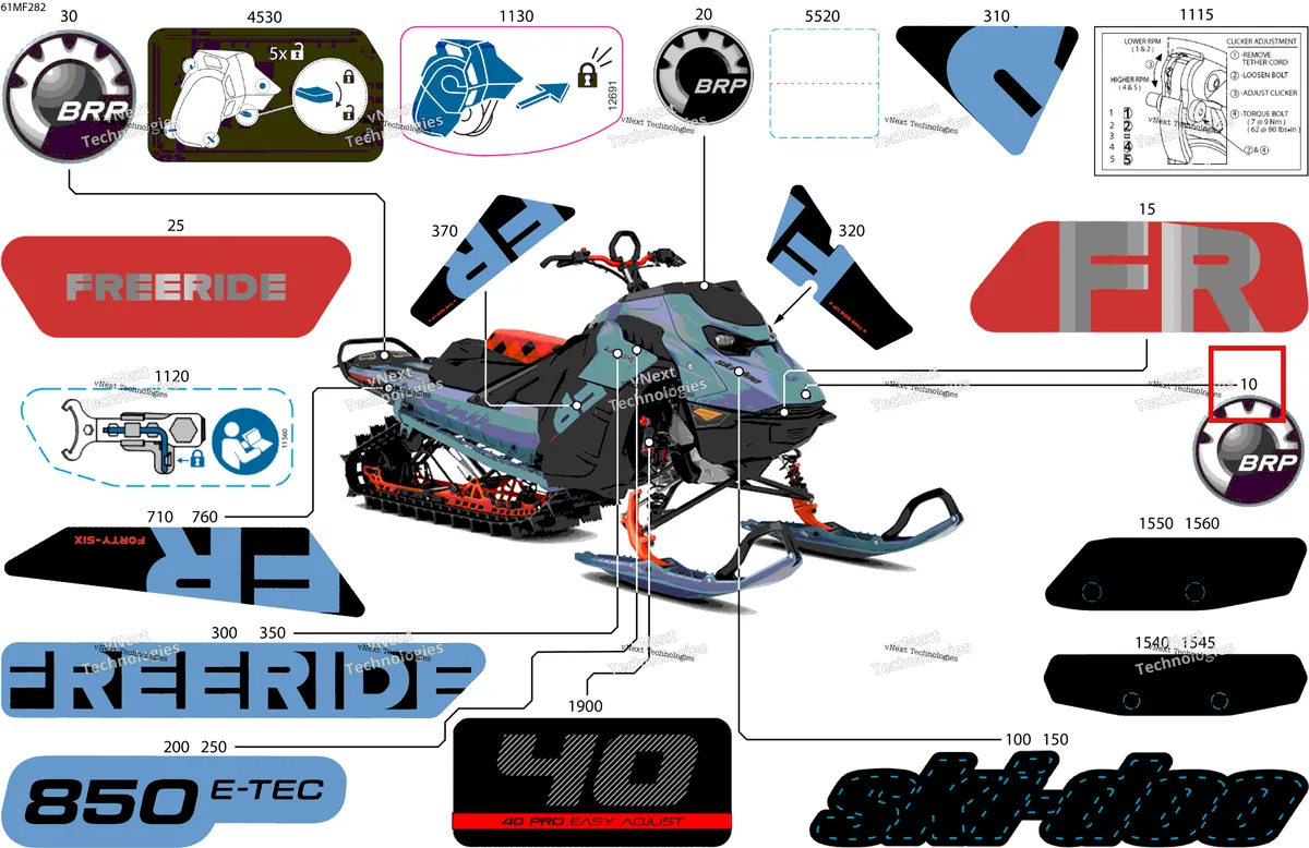 Деталь 704909040 на схеме узла 2026 Ski-Doo FREERIDE - STD - 850 E-TEC - VBTC - Scandi Blue - 15X146X2.5P Track Body - Decals