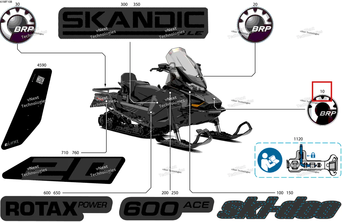 Деталь 704909041 на схеме узла 2026 Ski-Doo SKANDIC - LE - 600 ACE - AKTA - Deep Black - 20X154X1.5CST Track Body - Decals